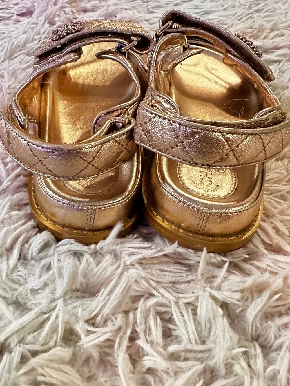 Chanel Iridescent Lambskin Quilted Velcro Dad Sandals in Light Bronze Size 40